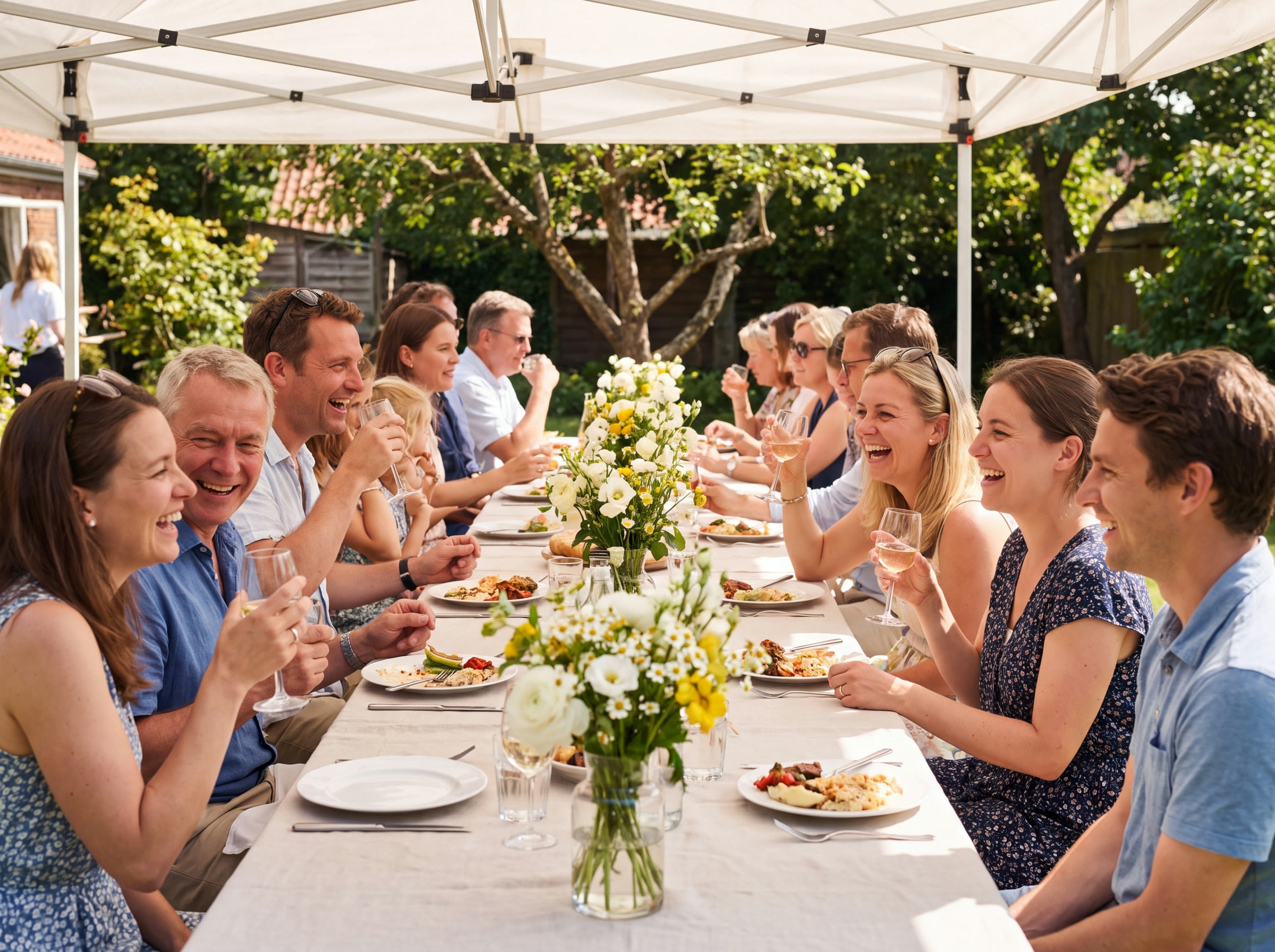 Guests seated at a long outdoor table under a white canopy