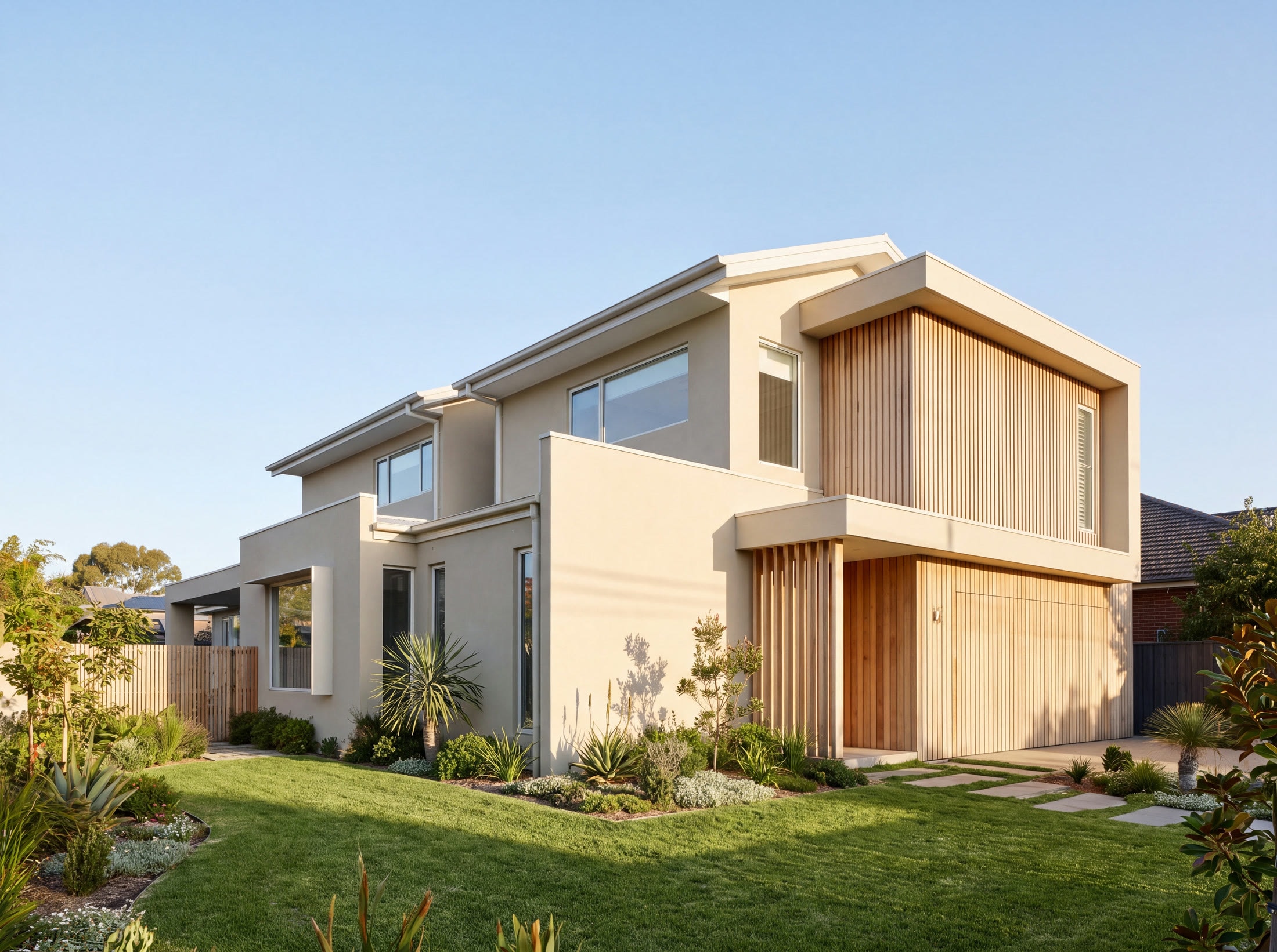 A contemporary home exterior in clear morning light
