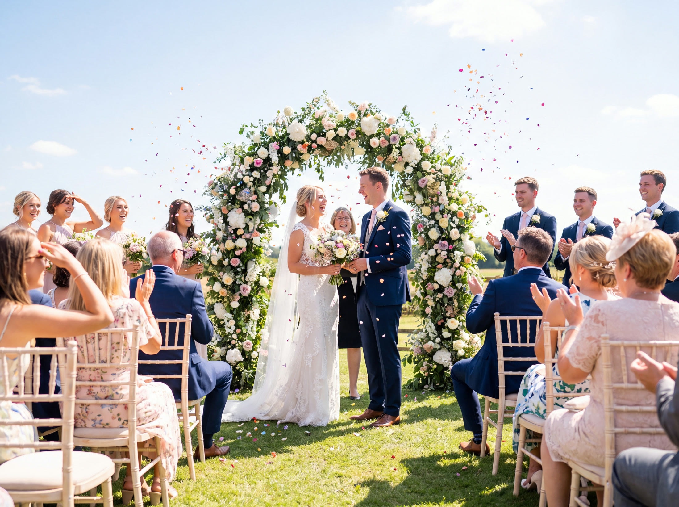 An outdoor wedding ceremony on a lawn in bright daylight