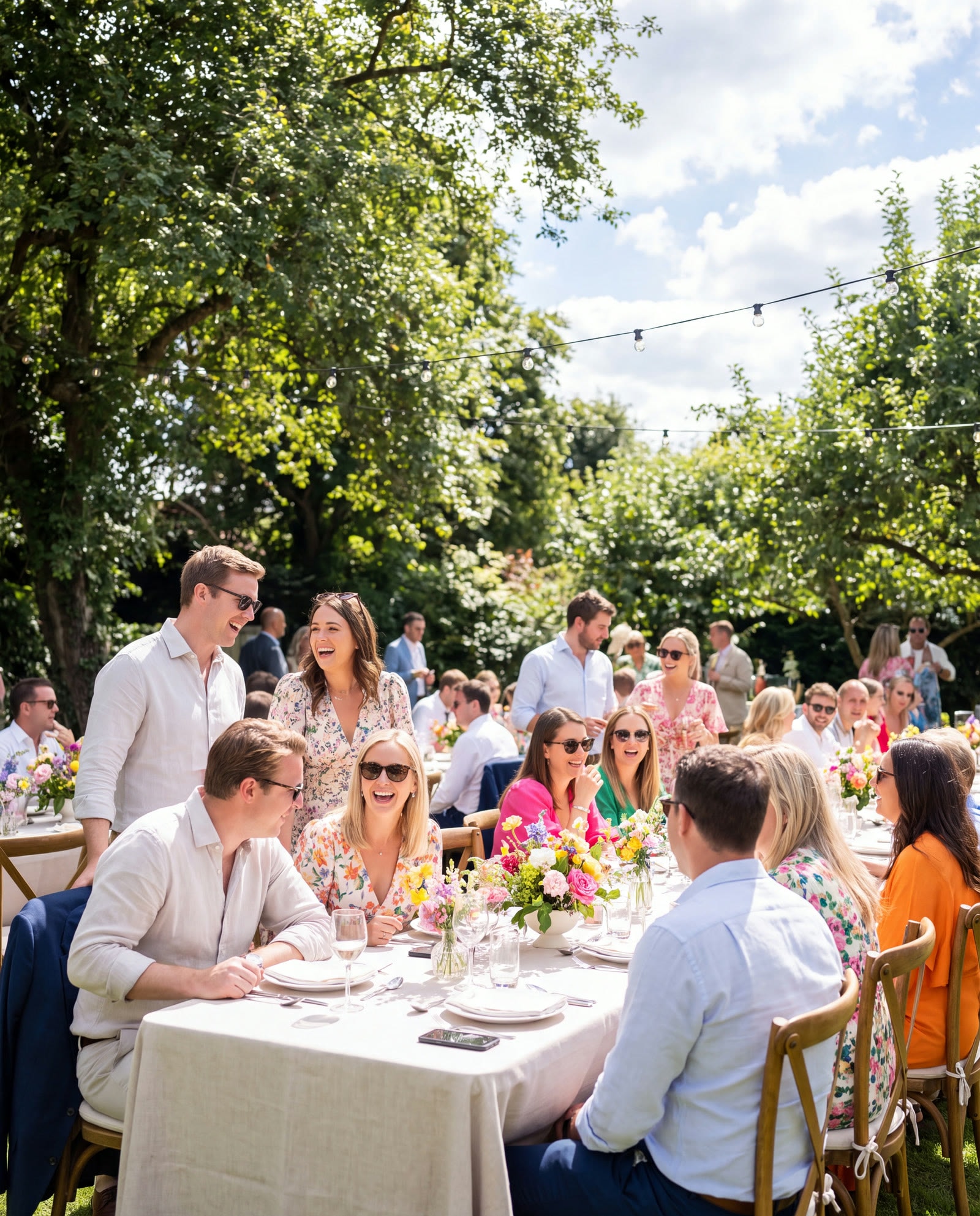 Guests laughing together at an outdoor garden party