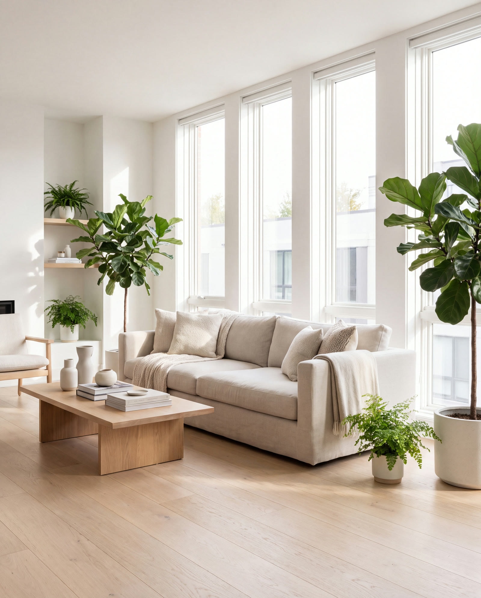 A white living room filled with morning daylight