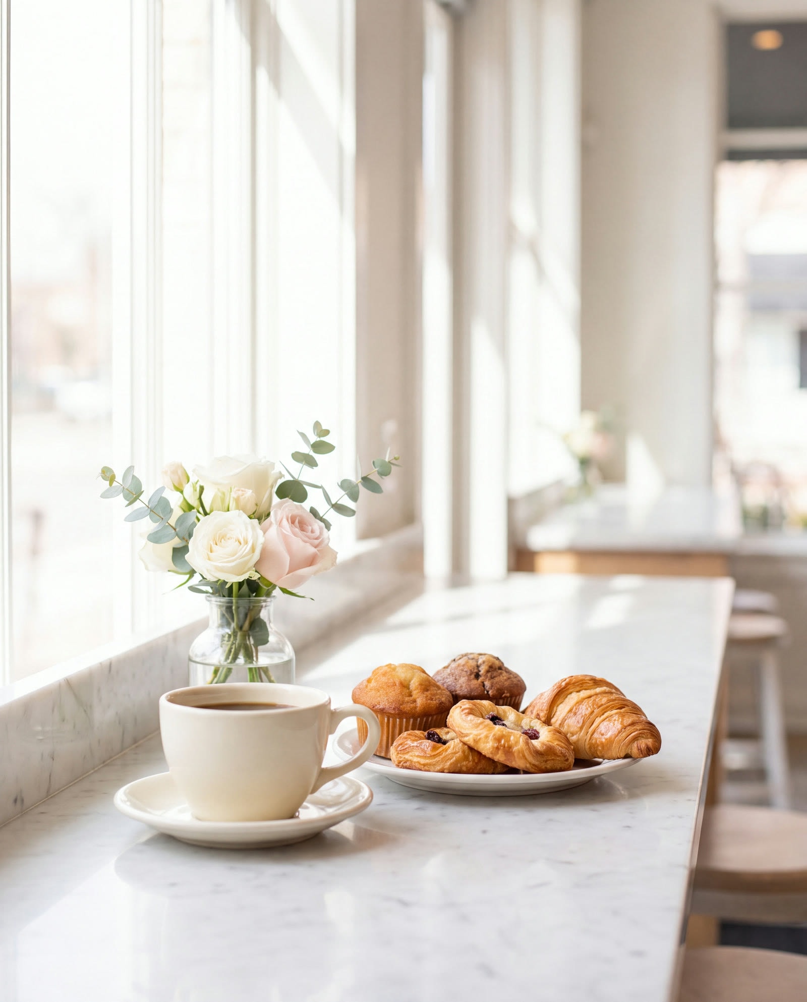 Coffee and pastries on a marble counter beside a sunlit window