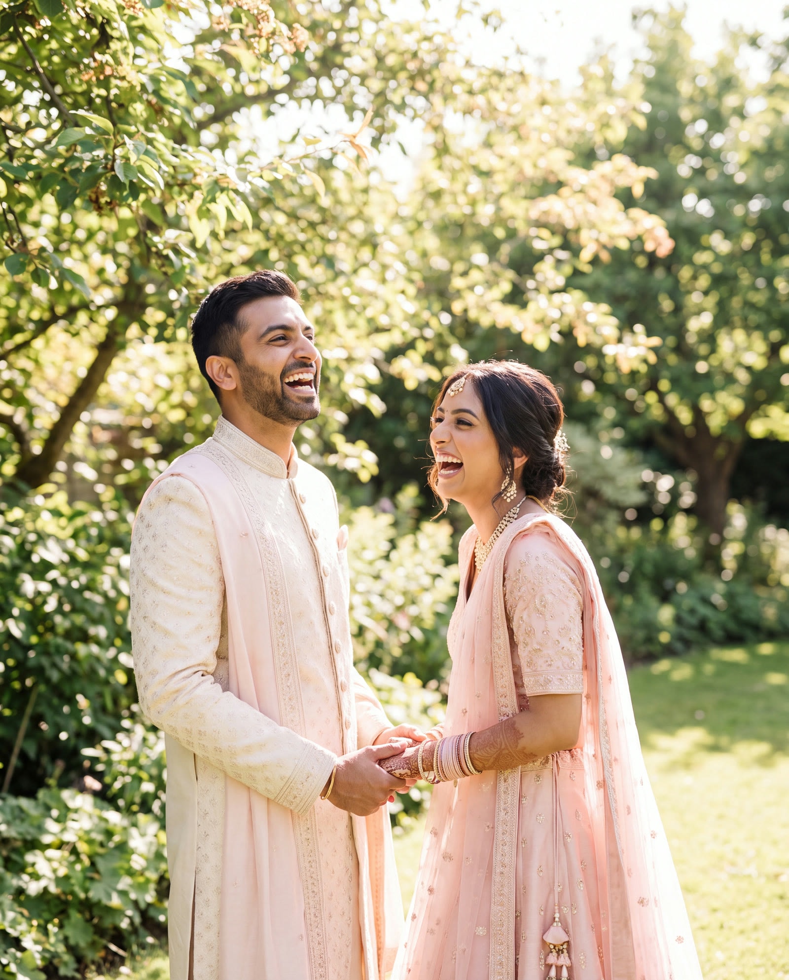A couple laughing together in a sunlit garden